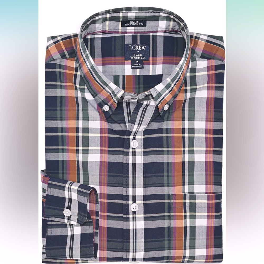 JCREW Men’s Untucked plaid shirt SZ M slim fit, color Navy Vintage Pine plaid